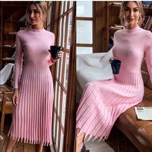 Fall Ribbed Knit Sweater Dress Pink